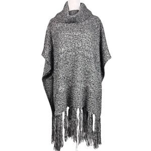 Hinge Poncho Sweater Womens Cowl Neck Soft Cable Knit Fringe O/S Gray Boho